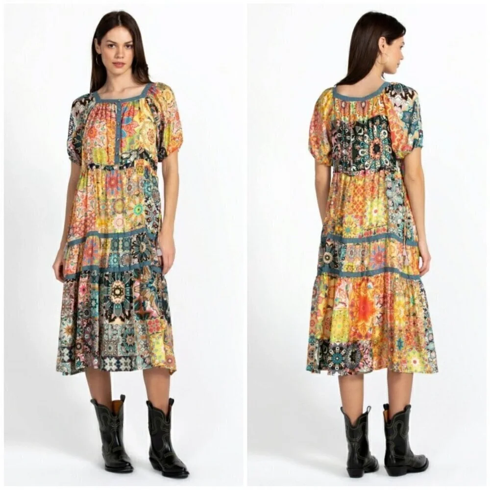 Johnny Was Kaleida Zenovia Silk Patchwork Midi Dress Size L Boho Tiered - Picture 4 of 14